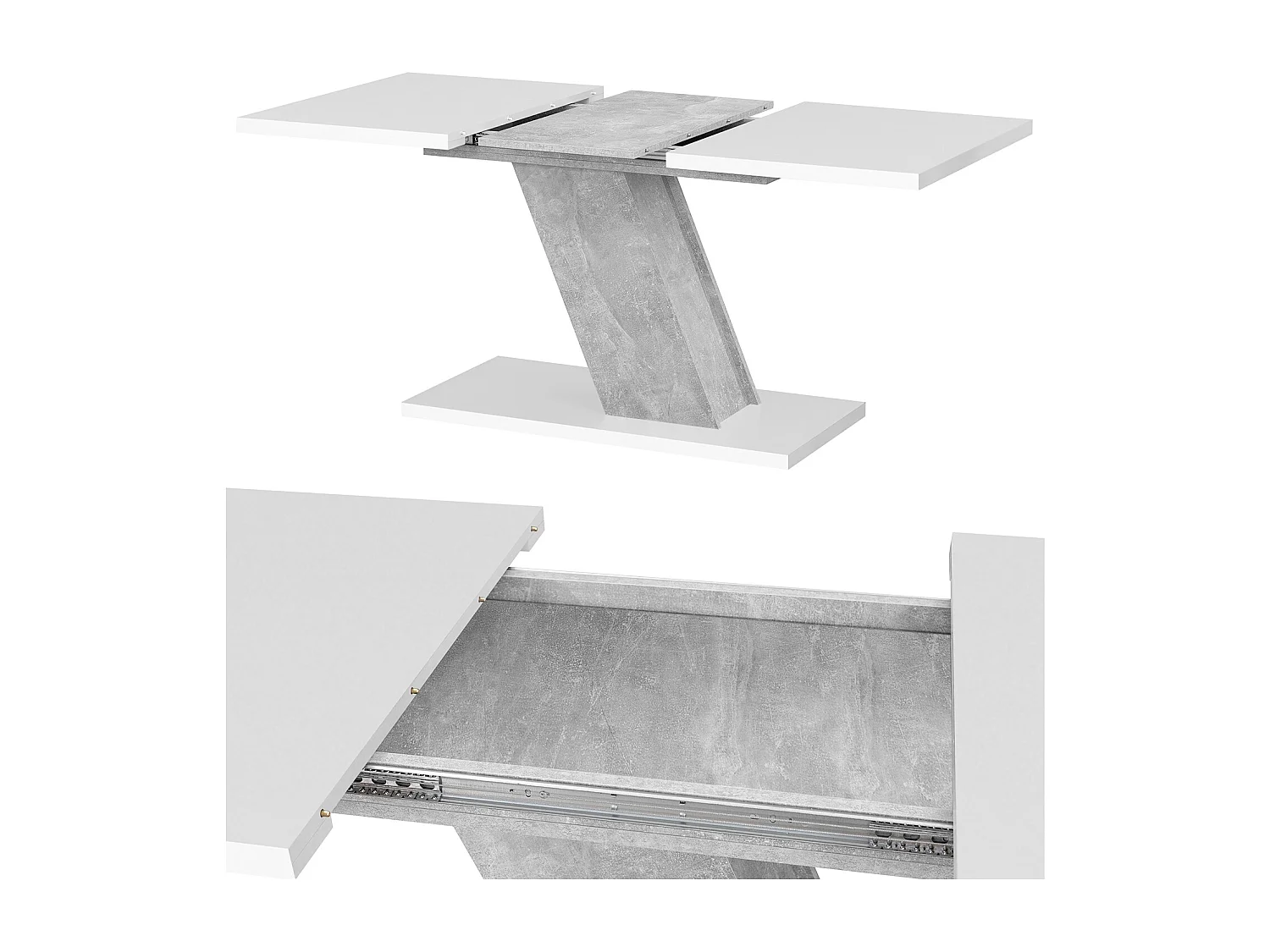 Table à manger Kross extensible 120 - 160 x 75 x 80 cm, dans les couleurs blanc mat et aspect béton oxyde