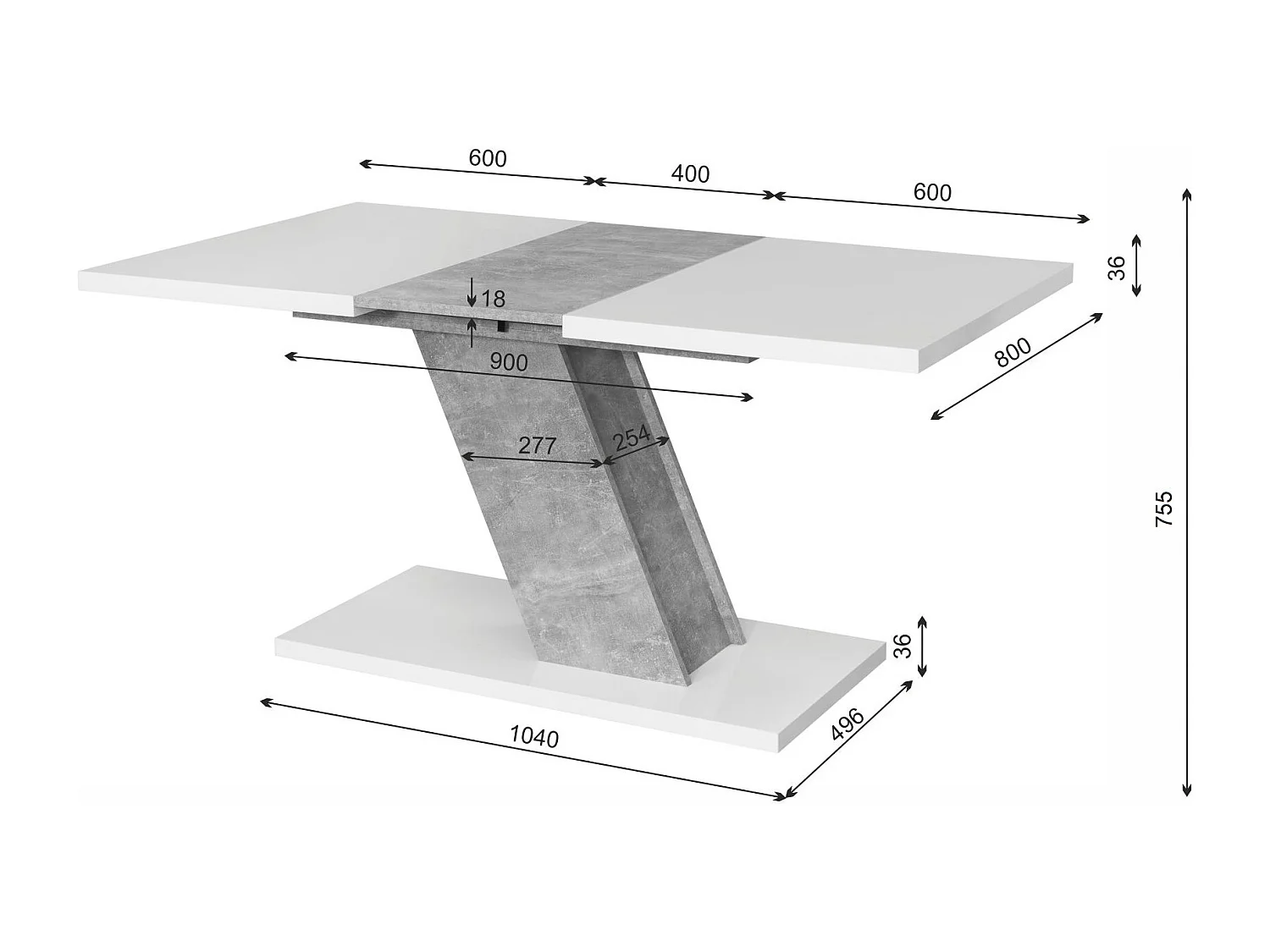 Table à manger Kross extensible 120 - 160 x 75 x 80 cm, dans les couleurs blanc mat et aspect béton oxyde
