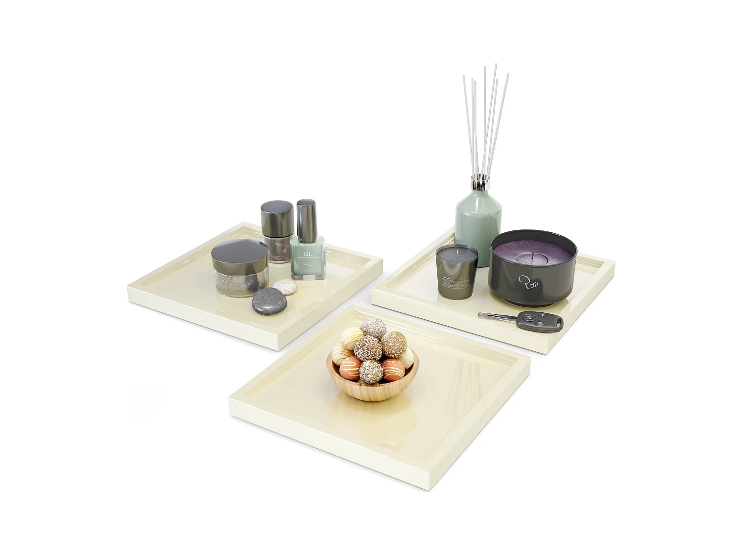 Décoration de table Maya, Plateau rectangulaire décoratif et moderne, Crème haute brillance, 3 pièces (20 x 1,8 x 20 cm)