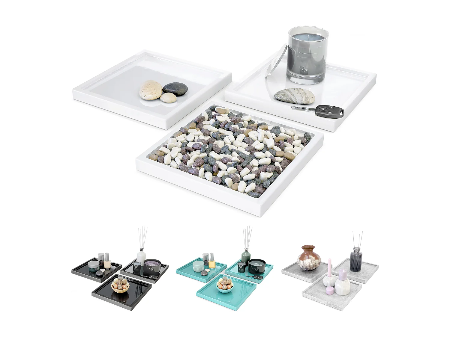 Décoration de table Maya, Plateau rectangulaire décoratif et moderne, Crème haute brillance, 3 pièces (20 x 1,8 x 20 cm)