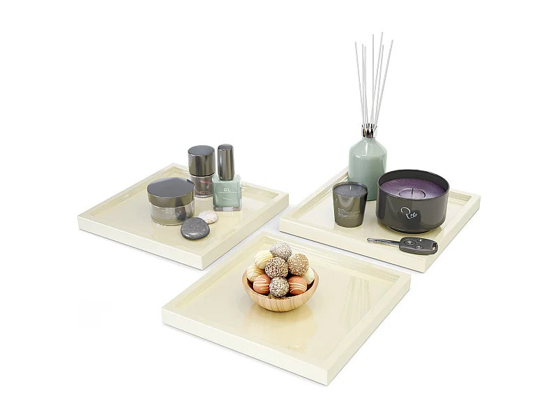 Vassoio decorativo  Maya, moderno vassoio decorativo quadrato, beige lucido, set di 3 (20 x 1,8 x 20 cm)