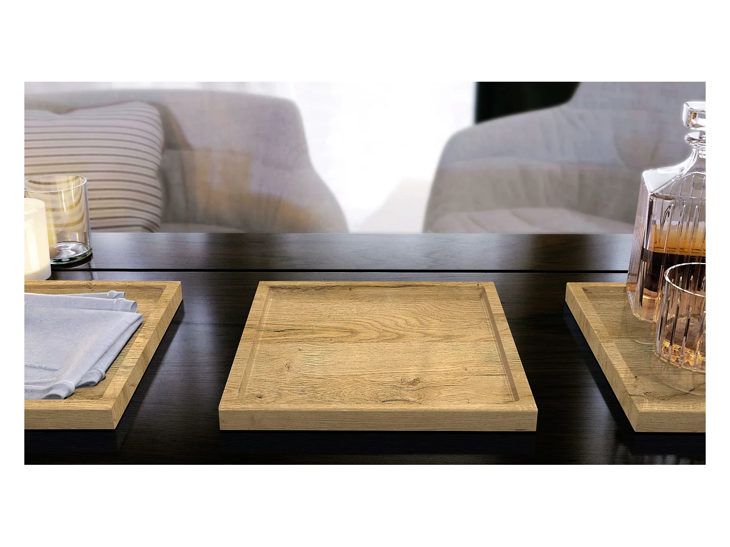 Décoration de table Maya, Plateau rectangulaire décoratif et moderne, Chêne Nature, 2 pièces (20 x 1,8 x 20 cm)