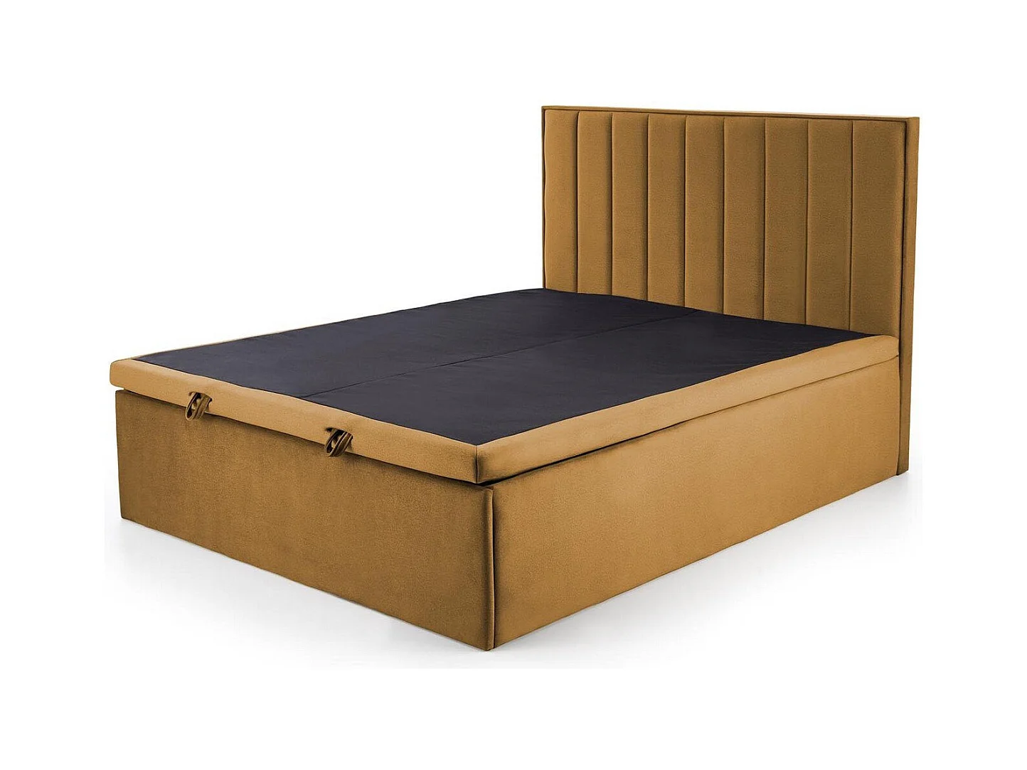 Lit en tissu jaune moutarde 160 x 200 avec tête de lit et coffre de rangement Peony