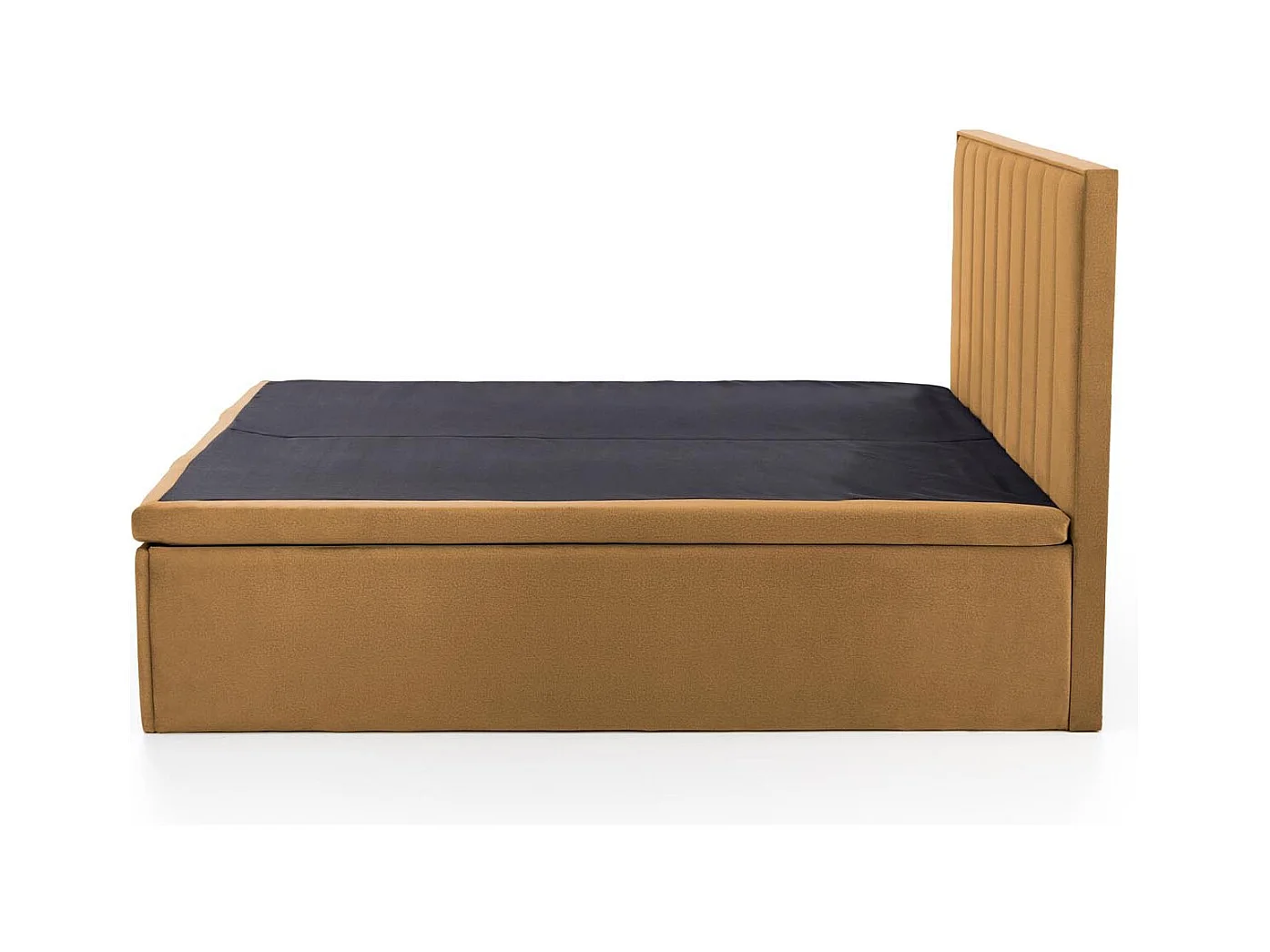 Lit en tissu jaune moutarde 160 x 200 avec tête de lit et coffre de rangement Peony