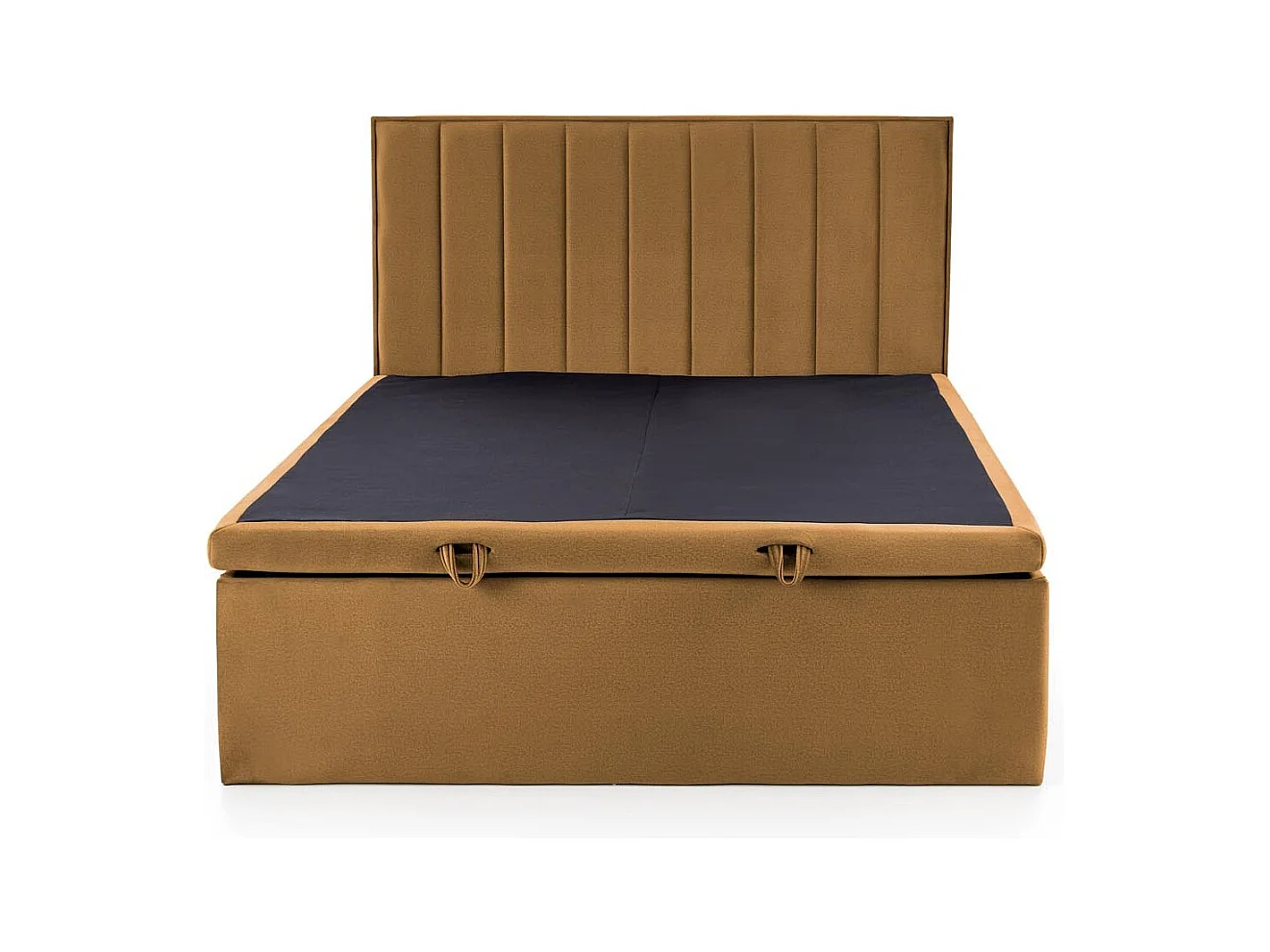 Lit en tissu jaune moutarde 160 x 200 avec tête de lit et coffre de rangement Peony