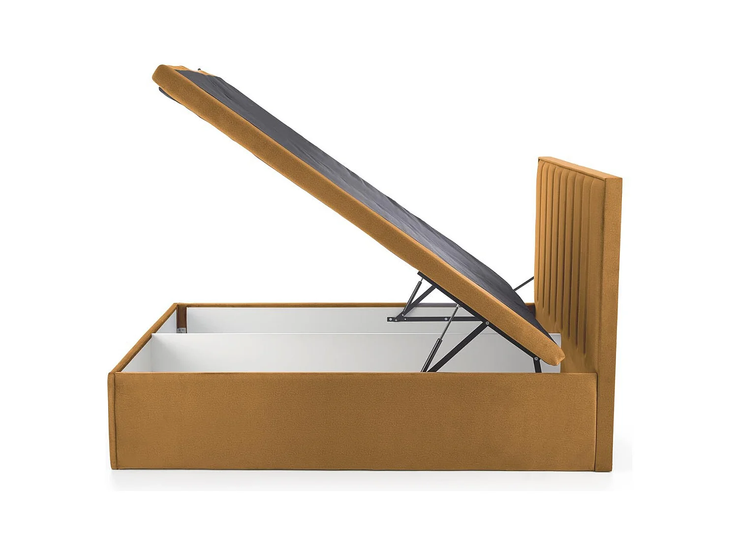 Lit en tissu jaune moutarde 160 x 200 avec tête de lit et coffre de rangement Peony