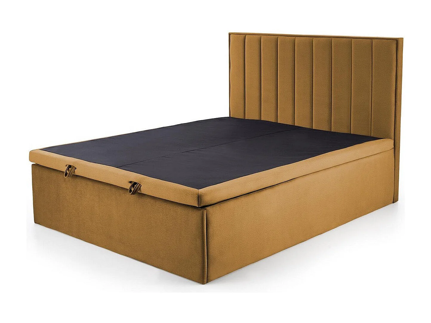 Lit en tissu jaune moutarde 160 x 200 avec tête de lit et coffre de rangement Peony