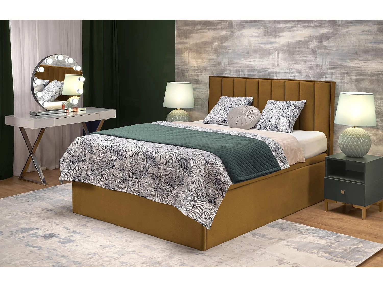 Lit en tissu jaune moutarde 160 x 200 avec tête de lit et coffre de rangement Peony