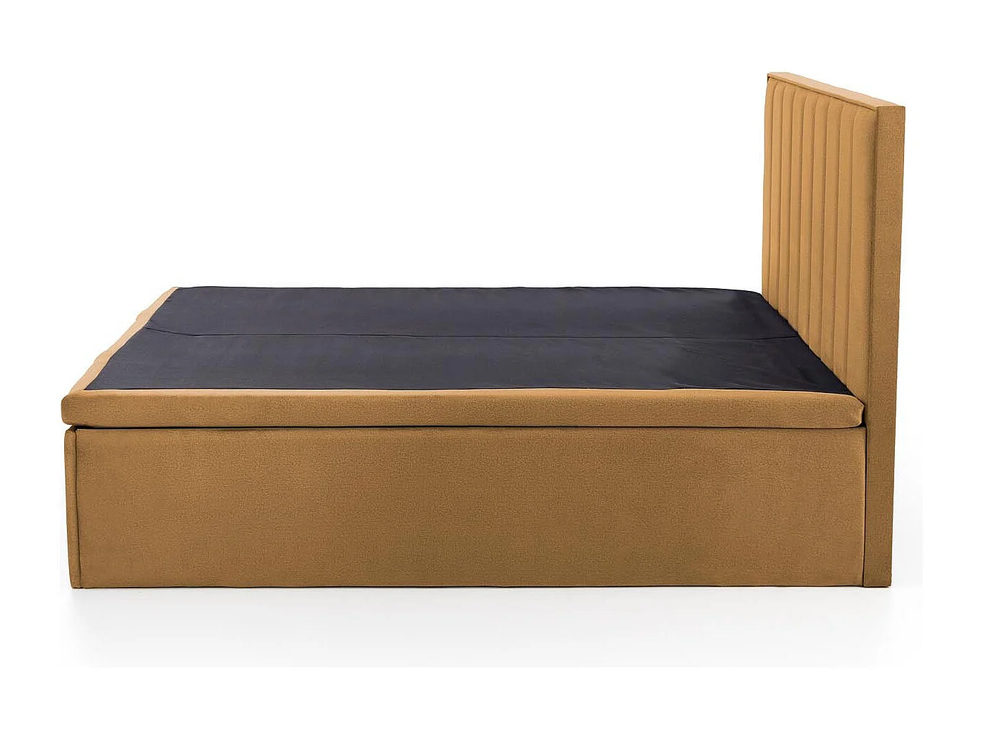 Lit en tissu jaune moutarde 160 x 200 avec tête de lit et coffre de rangement Peony