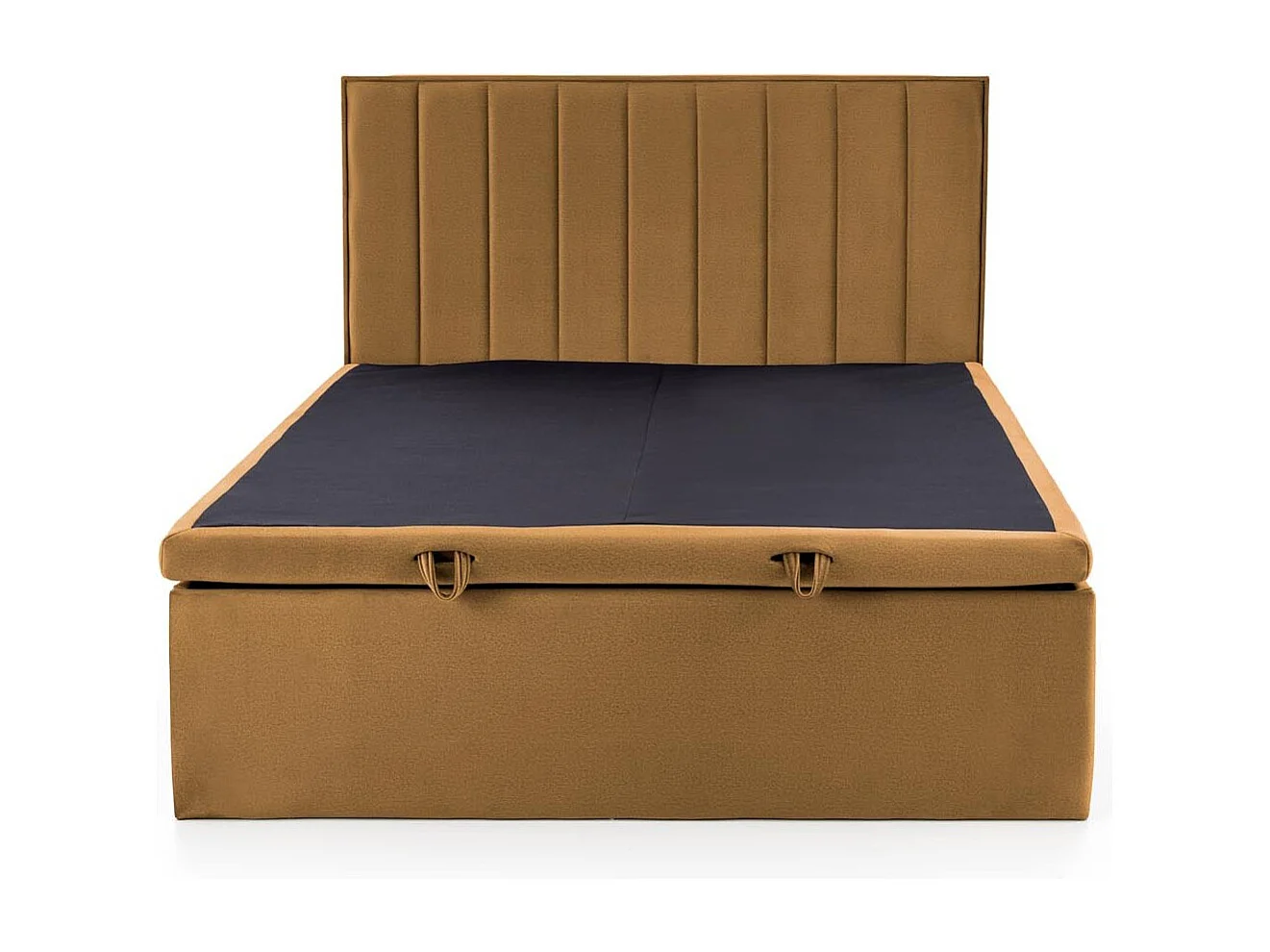 Lit en tissu jaune moutarde 160 x 200 avec tête de lit et coffre de rangement Peony