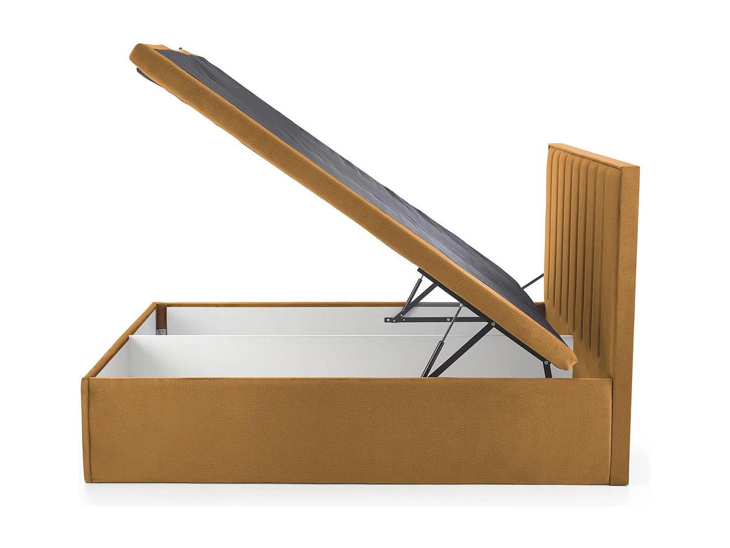 Lit en tissu jaune moutarde 160 x 200 avec tête de lit et coffre de rangement Peony