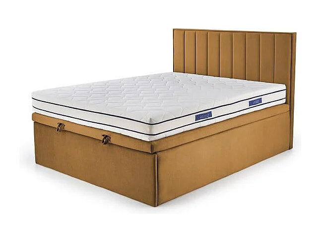 Lit en tissu jaune moutarde 160 x 200 avec tête de lit et coffre de rangement Peony