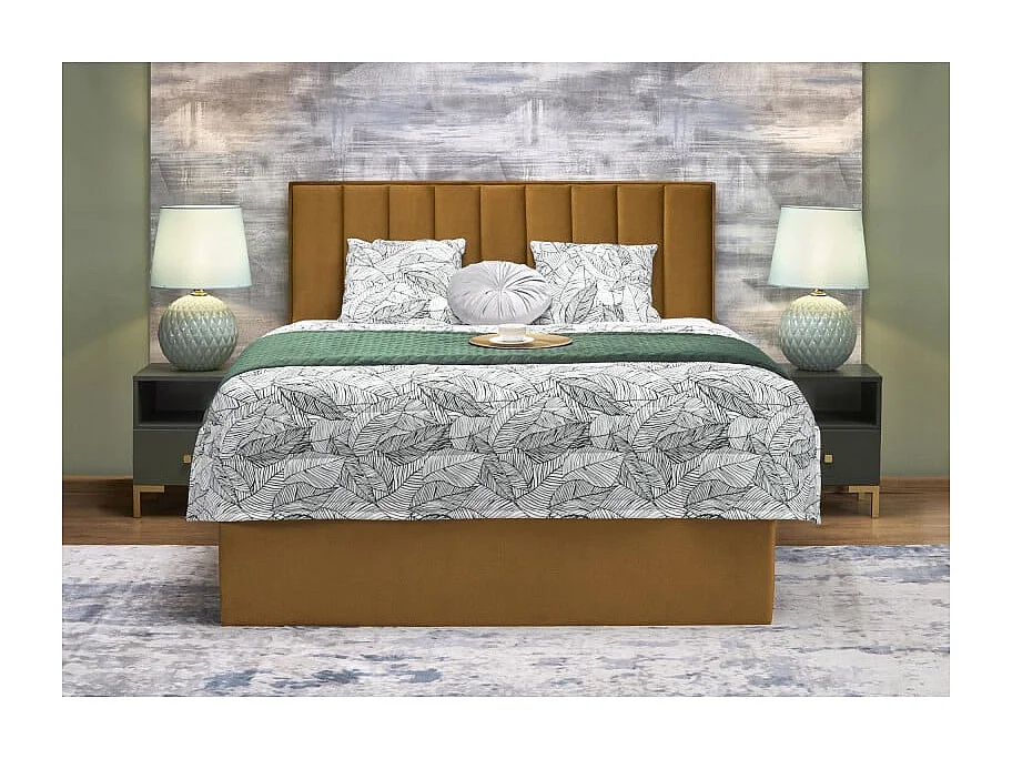 Lit en tissu jaune moutarde 160 x 200 avec tête de lit et coffre de rangement Peony