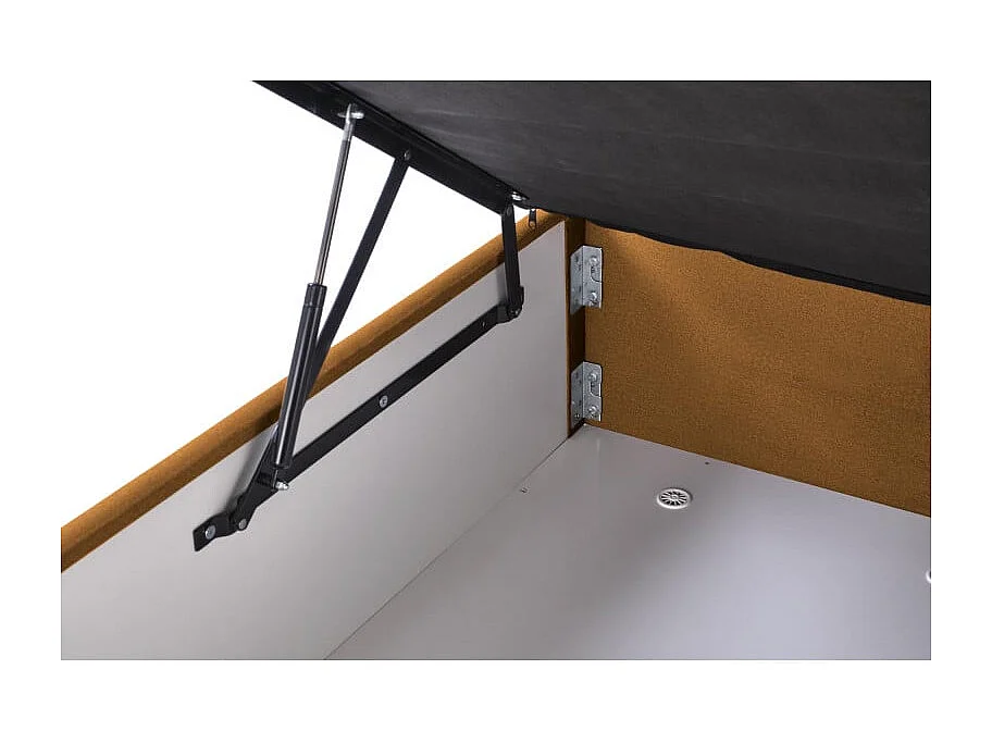 Lit en tissu jaune moutarde 160 x 200 avec tête de lit et coffre de rangement Peony