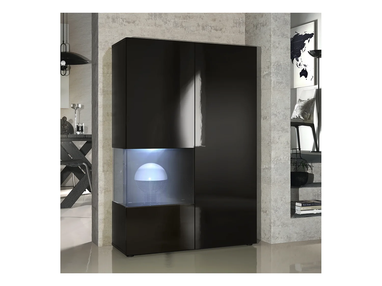 VITRINE Morena Tür und Einsatz in Schwarz Hochglanz