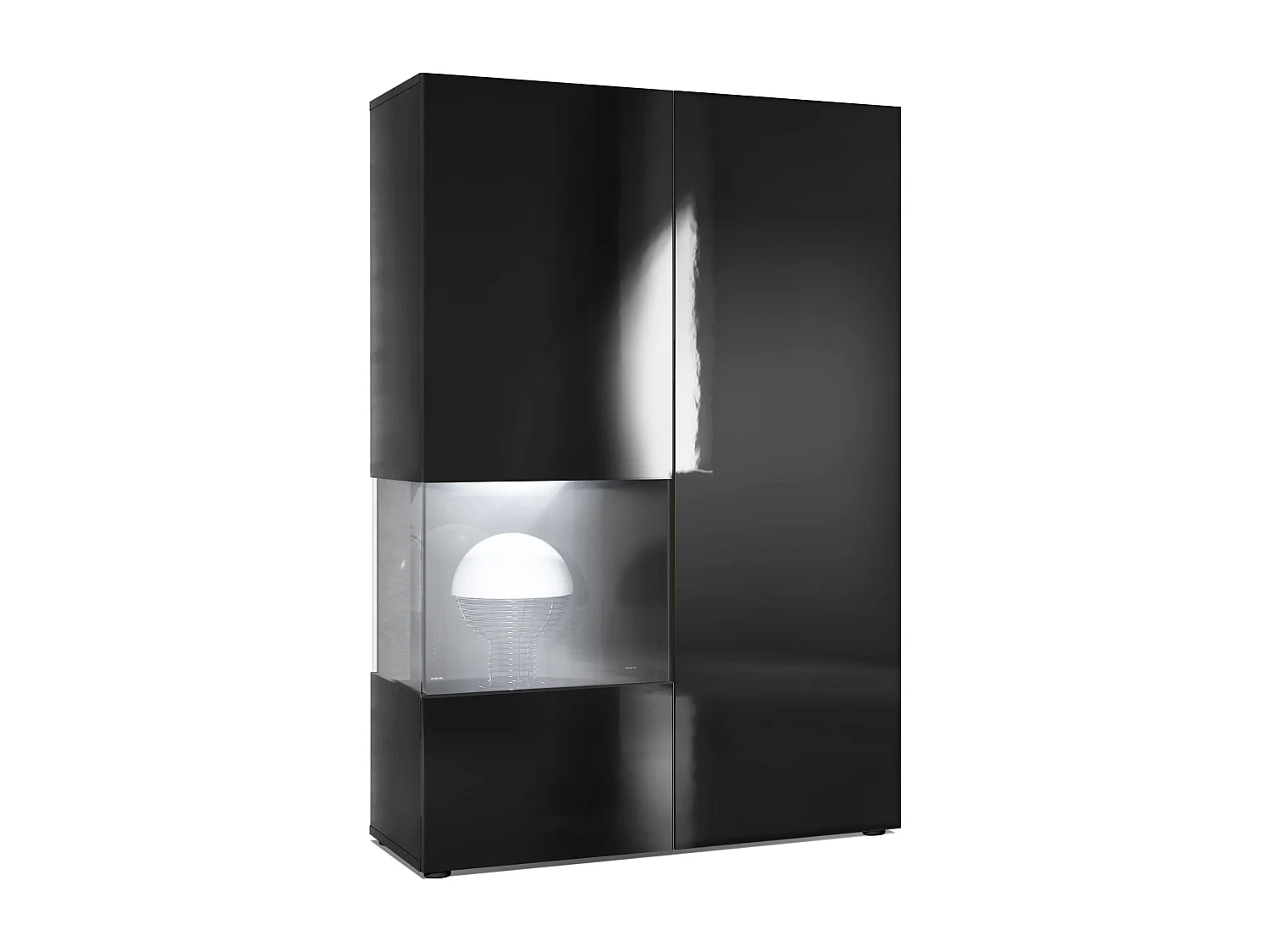 Armadio espositivo alto Morena, struttura in nero opaco / anta destra e inserto in nero lucido con illuminazione a LED