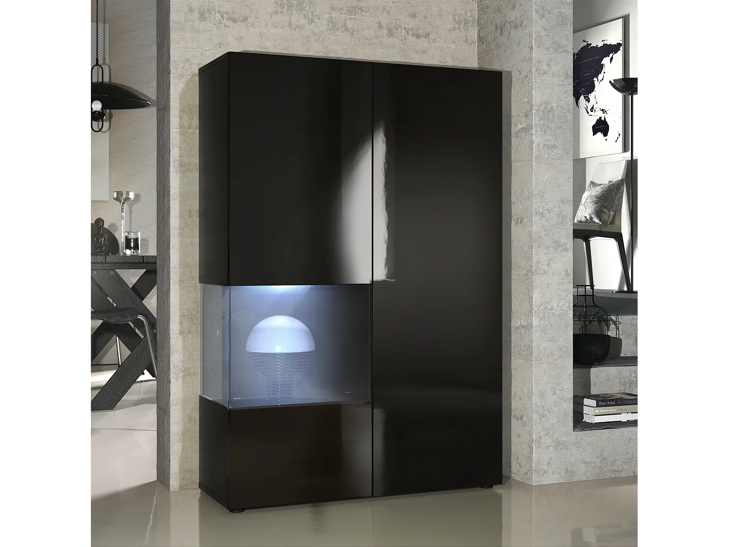 Armadio espositivo alto Morena, struttura in nero opaco / anta destra e inserto in nero lucido con illuminazione a LED