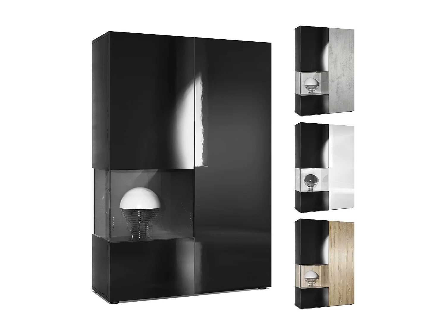 Armadio espositivo alto Morena, struttura in nero opaco / anta destra e inserto in nero lucido con illuminazione a LED