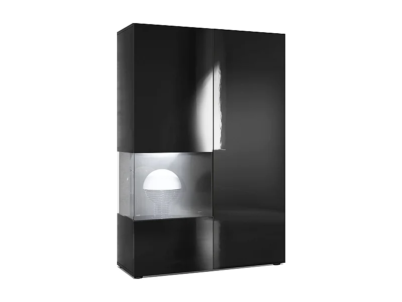 Armadio espositivo alto Morena, struttura in nero opaco / anta destra e inserto in nero lucido con illuminazione a LED