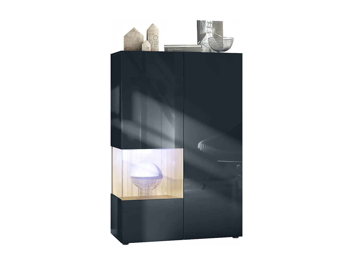 Vitrine Morena V2, vitrine sur pied avec 2 portes et insert en verre, corps noir mat, façades noir brillant, Cube chêne nature avec éclairage LED blanc