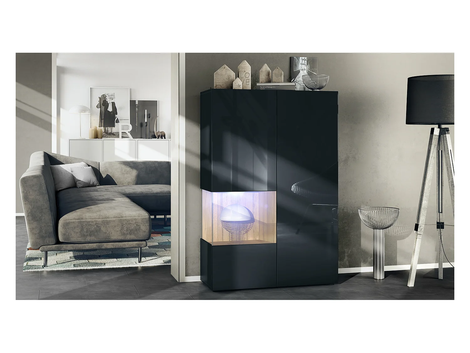 Vitrine Morena V2, vitrine sur pied avec 2 portes et insert en verre, corps noir mat, façades noir brillant, Cube chêne nature avec éclairage LED blanc