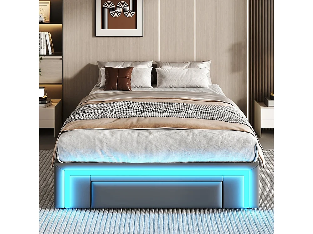 Lit simple, 90x200, avec tiroirs, sans tête de lit, PU, bande LED, lattes métalliques, gris