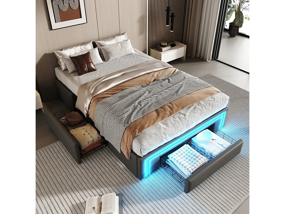 Lit simple, 90x200, avec tiroirs, sans tête de lit, PU, bande LED, lattes métalliques, gris