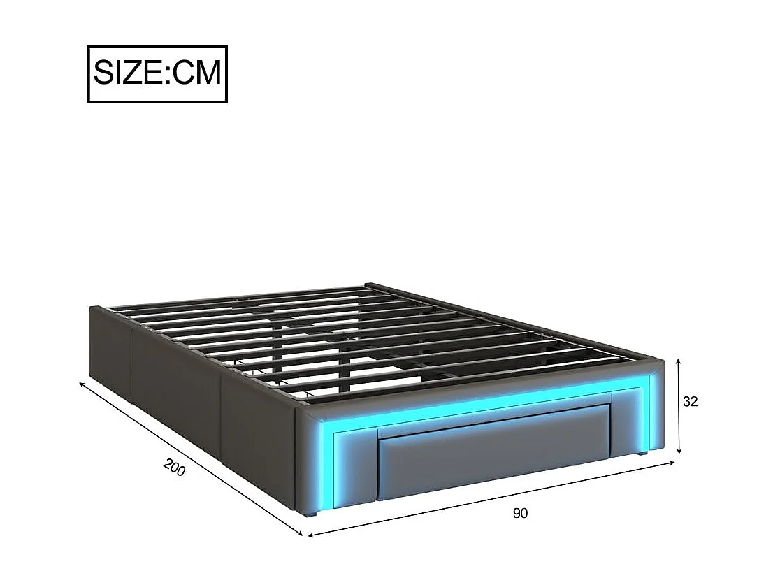 Lit simple, 90x200, avec tiroirs, sans tête de lit, PU, bande LED, lattes métalliques, gris