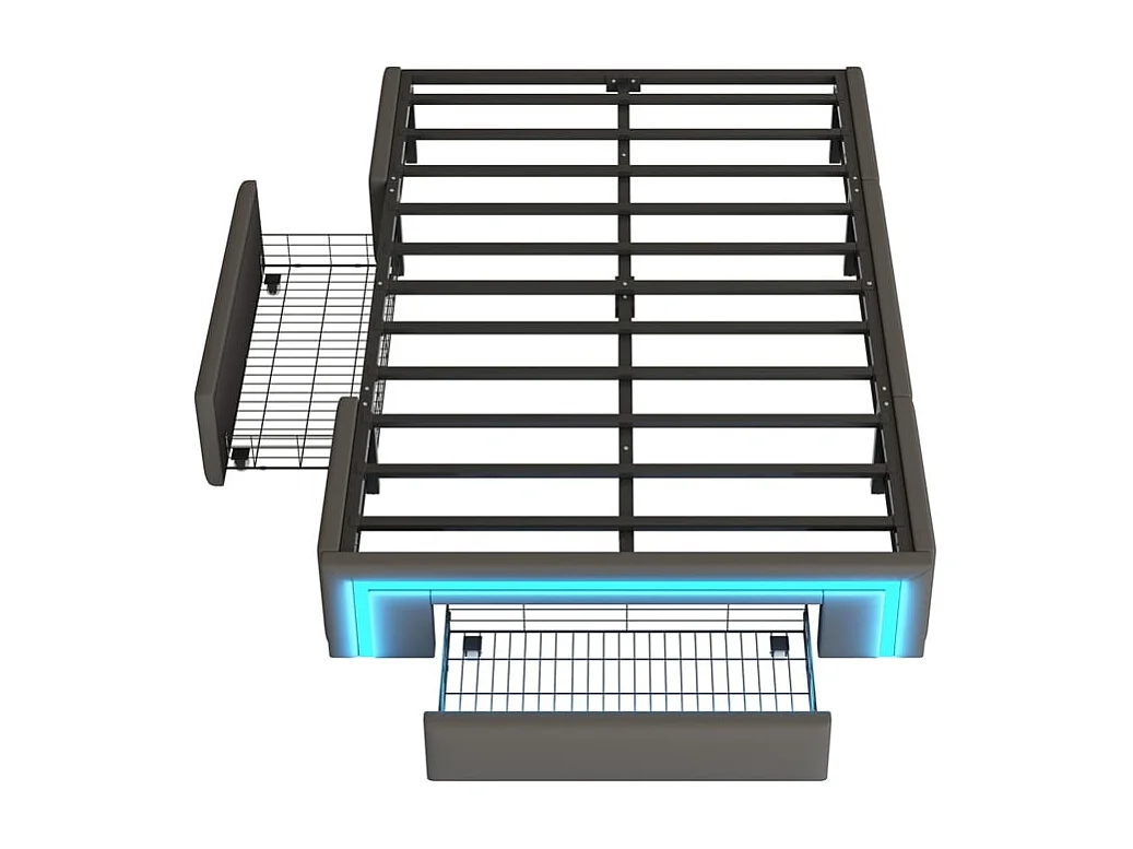 Lit simple, 90x200, avec tiroirs, sans tête de lit, PU, bande LED, lattes métalliques, gris