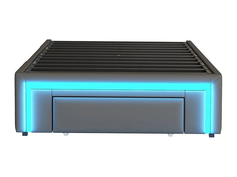 Lit simple, 90x200, avec tiroirs, sans tête de lit, PU, bande LED, lattes métalliques, gris