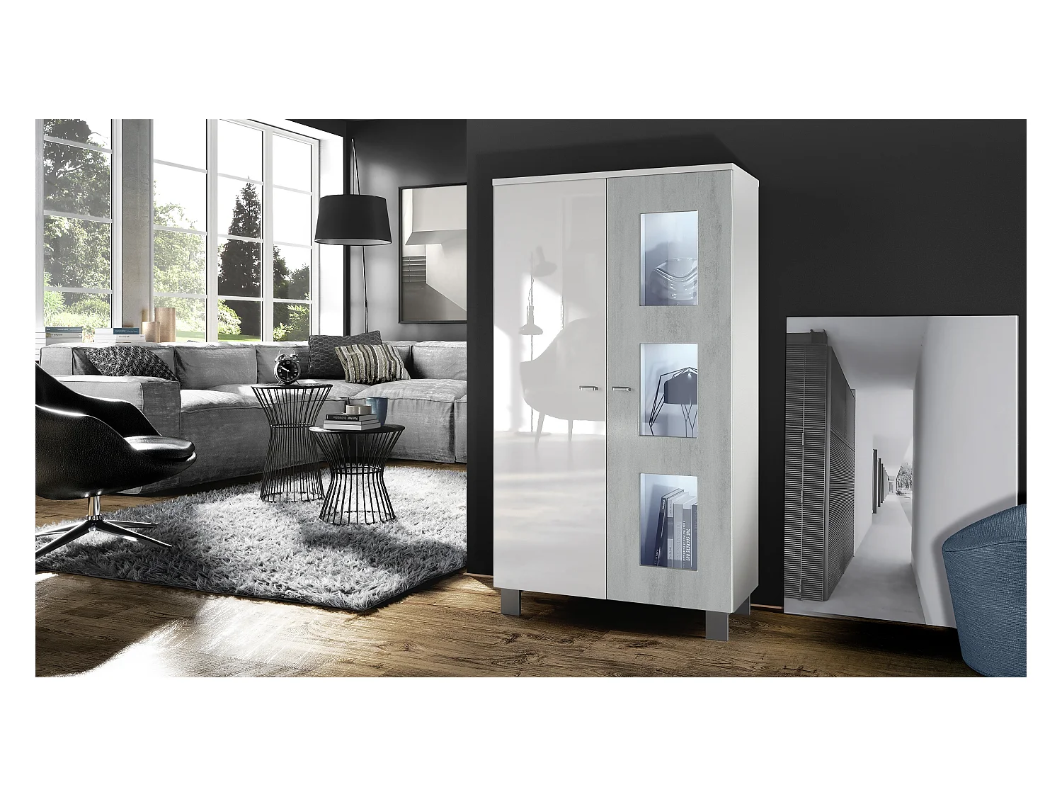 Vitrine de salon Denjo, Vitrine sur pied avec 2 portes et 3 vitres, Blanc mat/Blanc brillant/Aspect Béton Oxyde, éclairage LED inclus (71 x 129 x 35 cm)