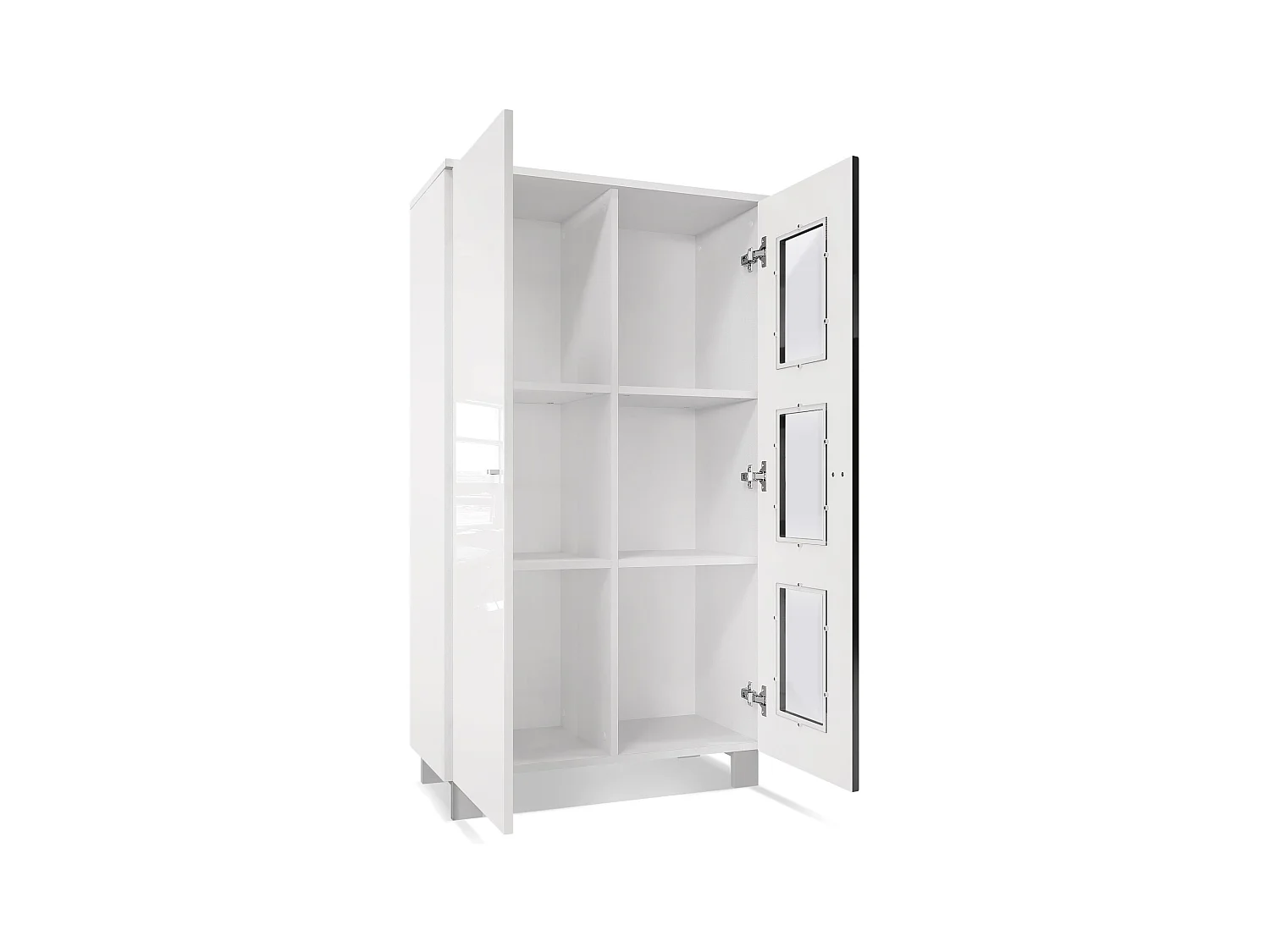 Vitrine de salon Denjo, Vitrine sur pied avec 2 portes et 3 vitres, Blanc mat/Blanc brillant/Aspect Béton Oxyde, éclairage LED inclus (71 x 129 x 35 cm)