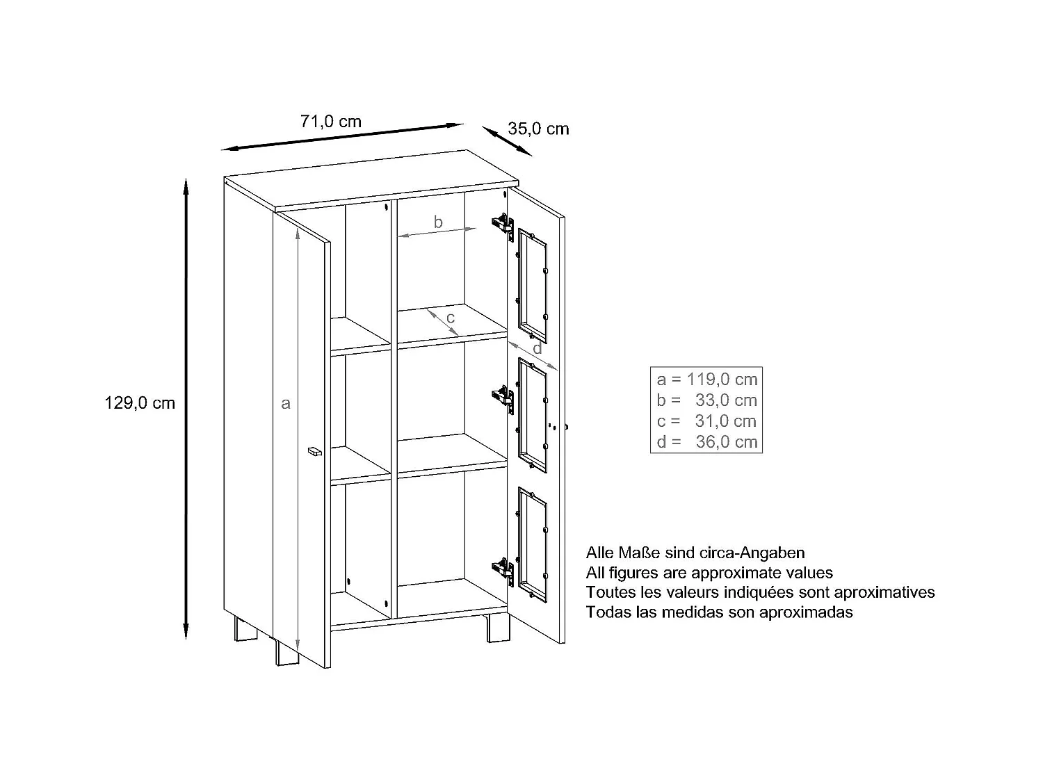 Vitrine de salon Denjo, Vitrine sur pied avec 2 portes et 3 vitres, Blanc mat/Blanc brillant/Aspect Béton Oxyde, éclairage LED inclus (71 x 129 x 35 cm)