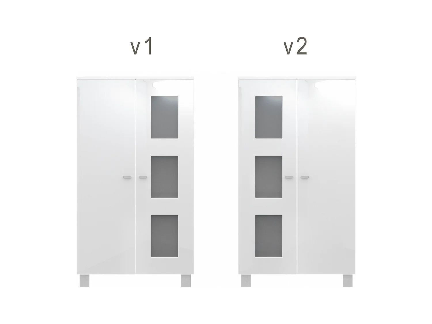 Vitrine de salon Denjo, Vitrine sur pied avec 2 portes et 3 vitres, Blanc mat/Blanc brillant/Aspect Béton Oxyde, éclairage LED inclus (71 x 129 x 35 cm)