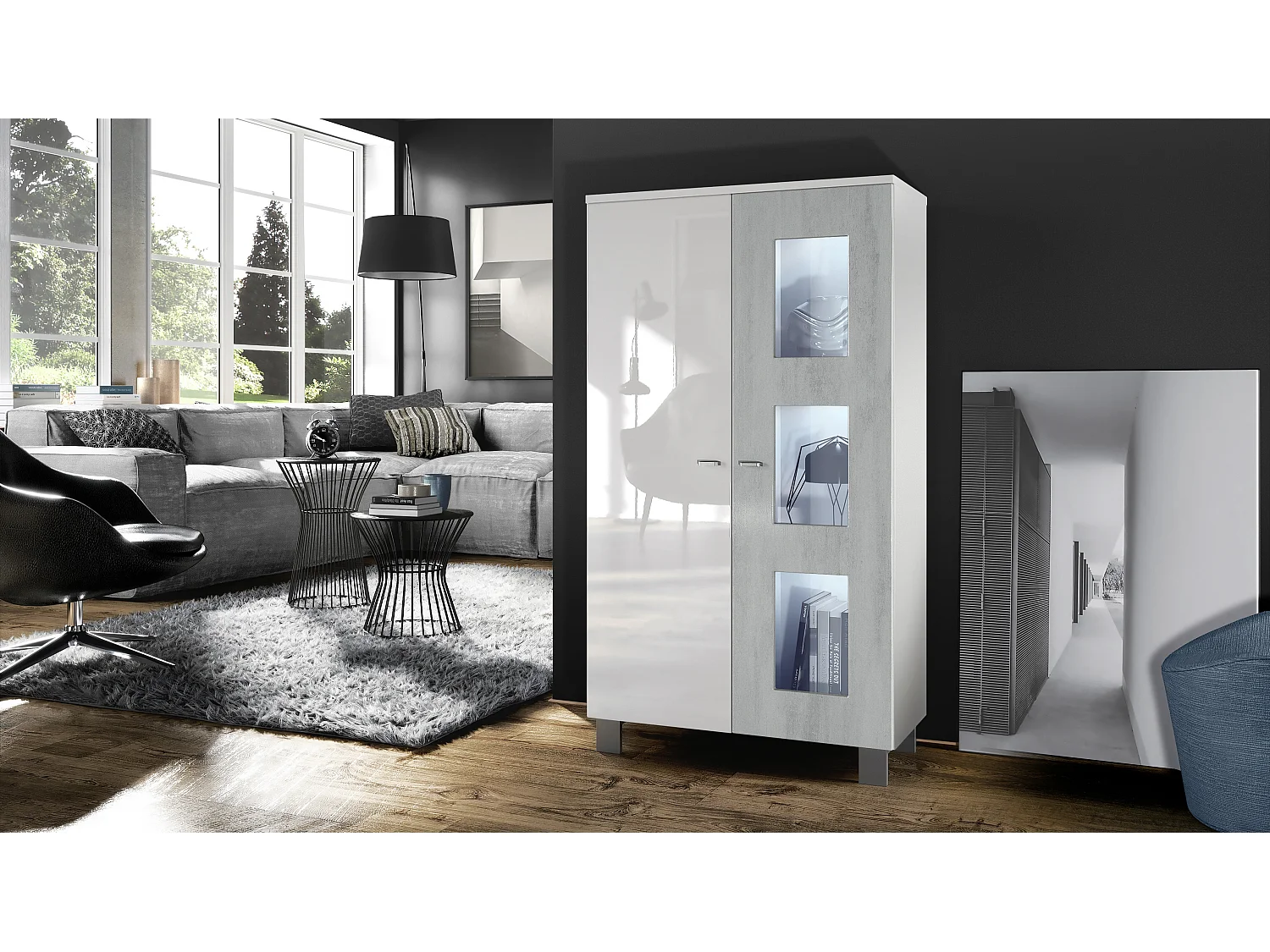 Vetrina  Denjo, vetrina indipendente con 2 ante e 3 pannelli in vetro, bianco opaco/bianco lucido/ossido di grigio cemento, illuminazione a LED inclusa.