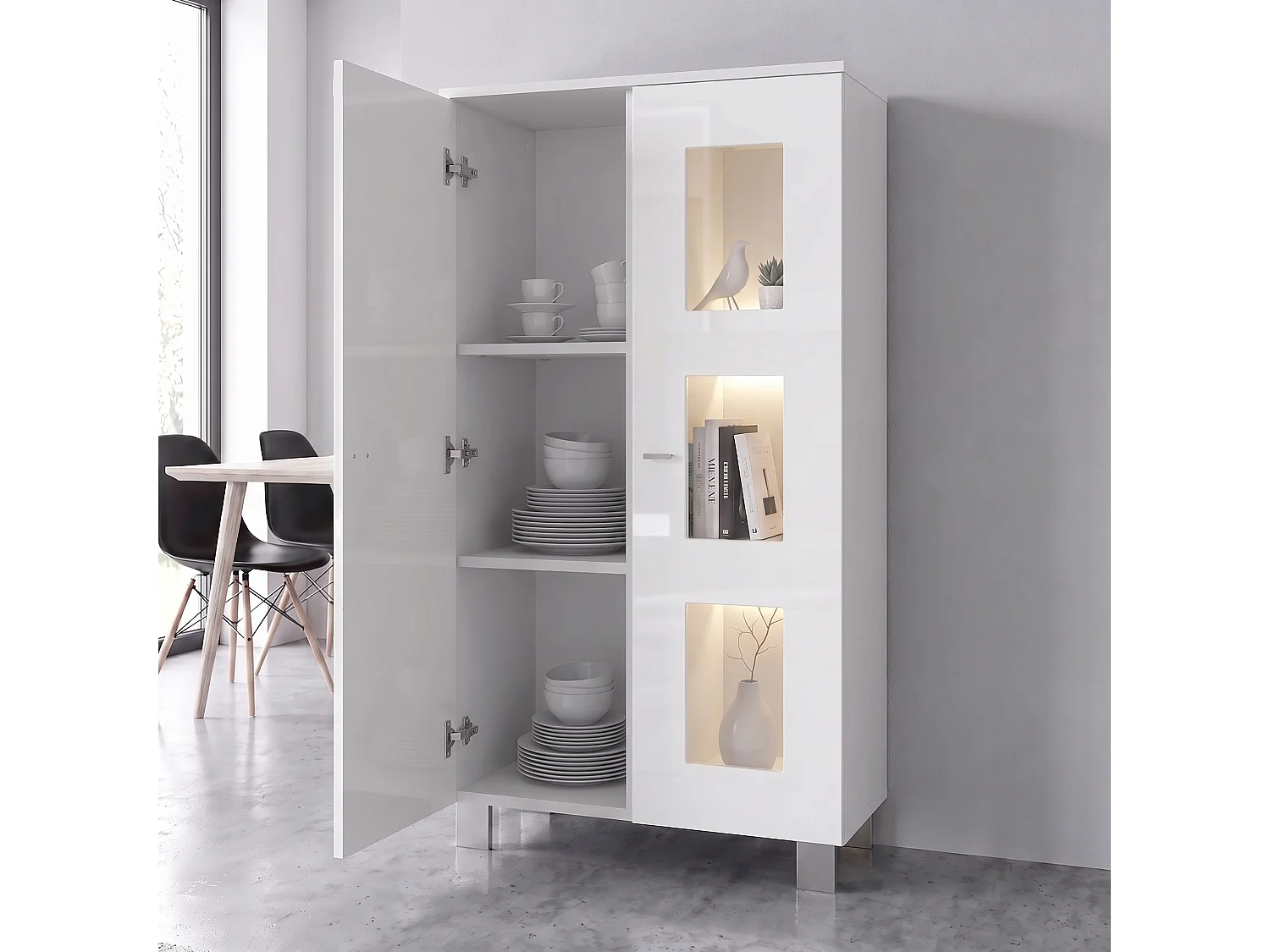 Vitrine de salon Denjo, Vitrine sur pied avec 2 portes et 3 vitres, Blanc mat/Blanc brillant/Aspect Béton Oxyde, éclairage LED inclus (71 x 129 x 35 cm)
