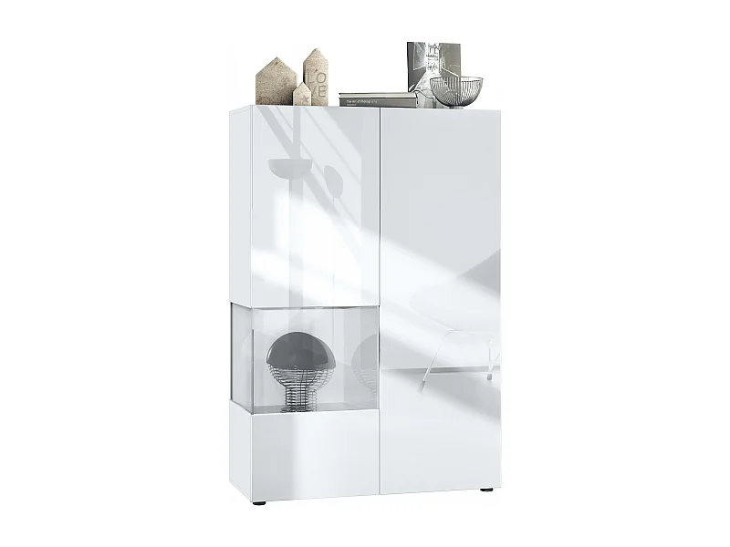 Vitrine Morena V2, vitrine sur pied avec 2 portes et insert en verre, corps blanc mat, façades blanc haute brillance, Cube blanc haute brillance