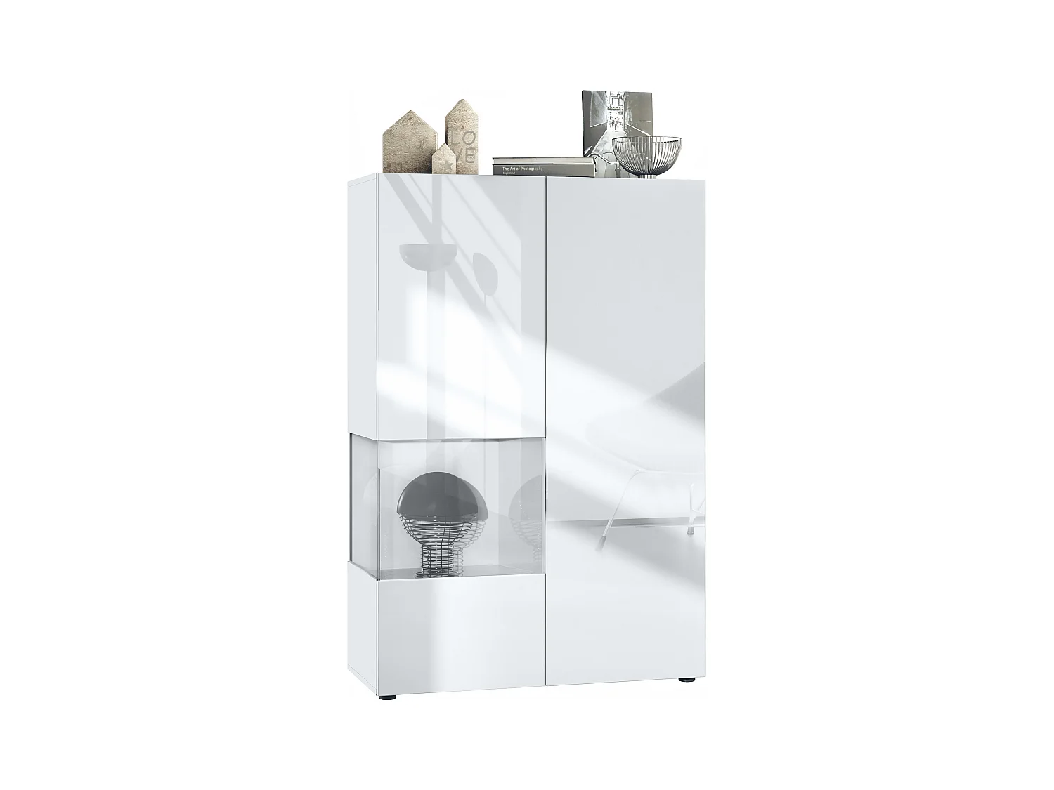Vitrine Morena V2, vitrine sur pied avec 2 portes et insert en verre, corps blanc mat, façades blanc haute brillance, Cube blanc haute brillance