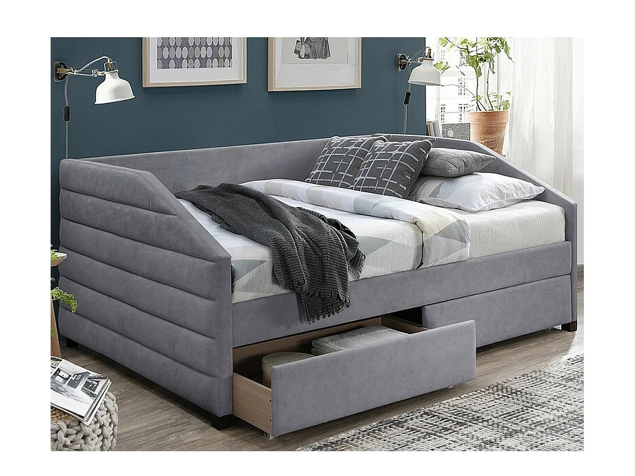Lit design en velours gris 120 x 200 cm avec tiroirs Lolite