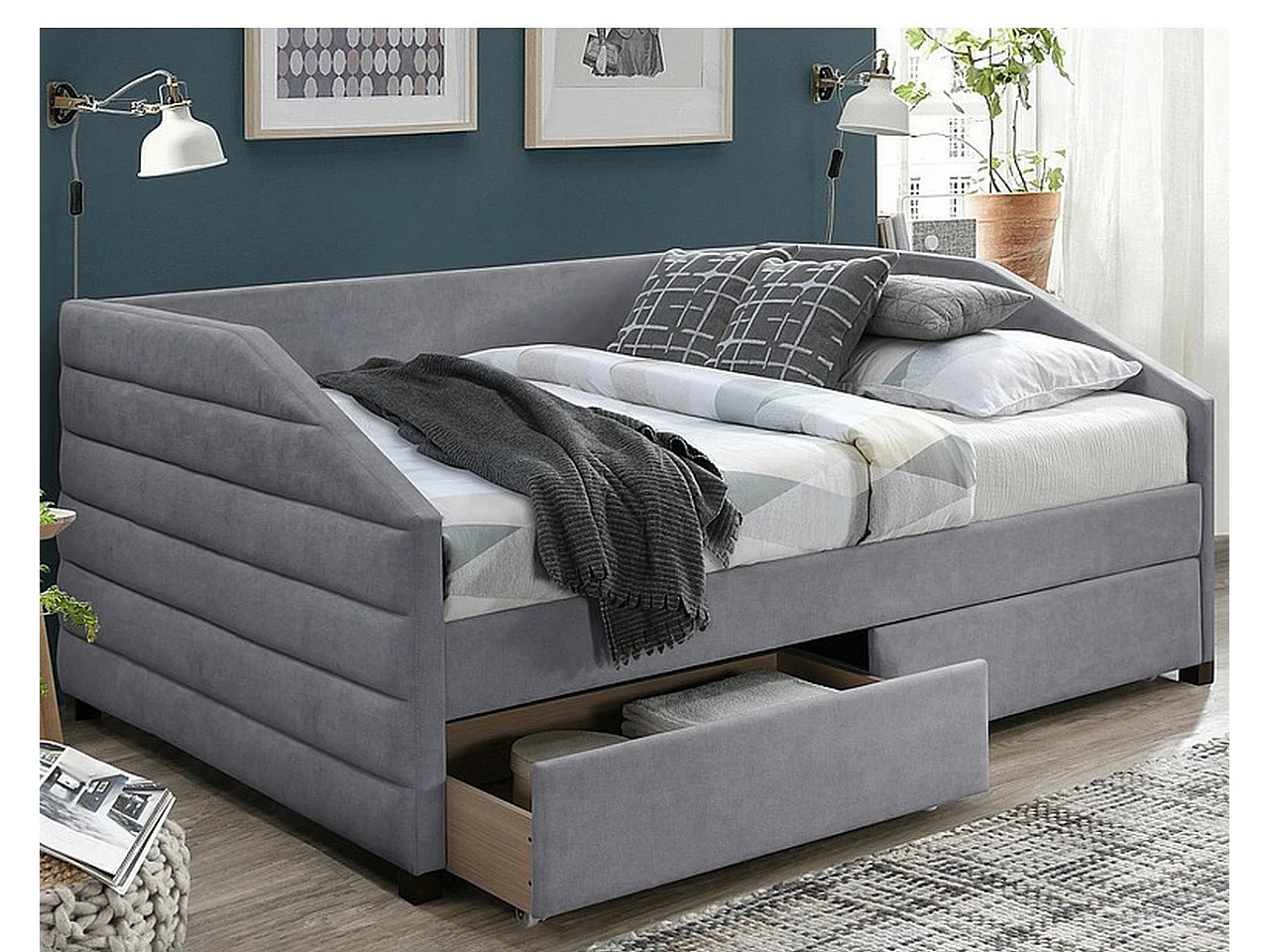 Lit design en velours gris 120 x 200 cm avec tiroirs Lolite