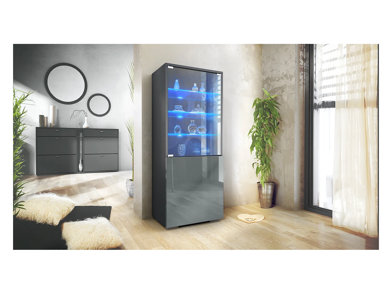 Vitrine Granada de , Armoire Vitrée Made in Germany avec Porte en Verre et Insert en Verre y compris LED, anthracite mat/gris brillant (50 x 122,5 x 34,5 cm)