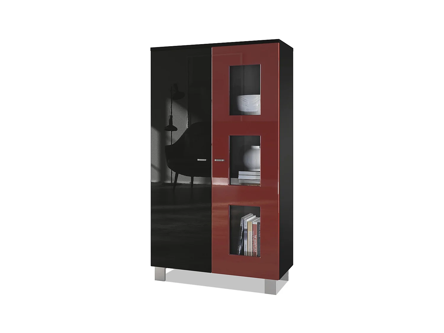 Vitrine de salon Denjo, Vitrine sur pied avec 2 portes et 3 vitres, Noir mat/Noir haute brillance/Bordeaux haute brillance (71 x 129 x 35 cm)