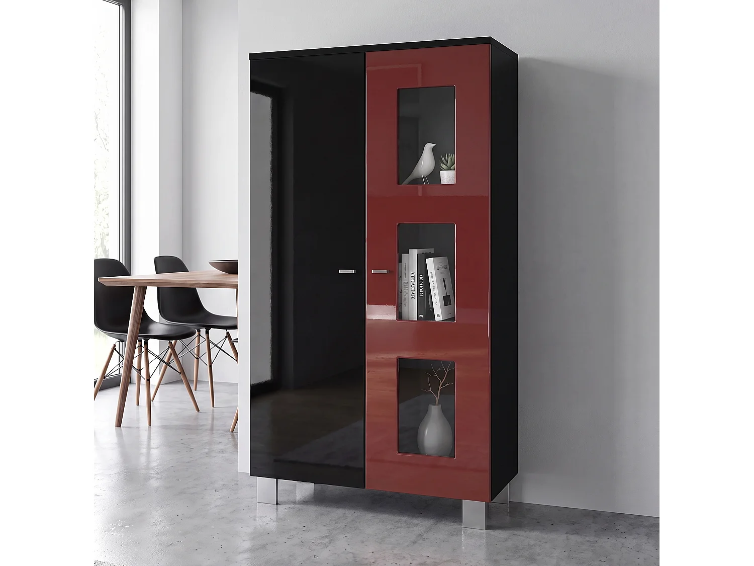 Vitrine de salon Denjo, Vitrine sur pied avec 2 portes et 3 vitres, Noir mat/Noir haute brillance/Bordeaux haute brillance (71 x 129 x 35 cm)