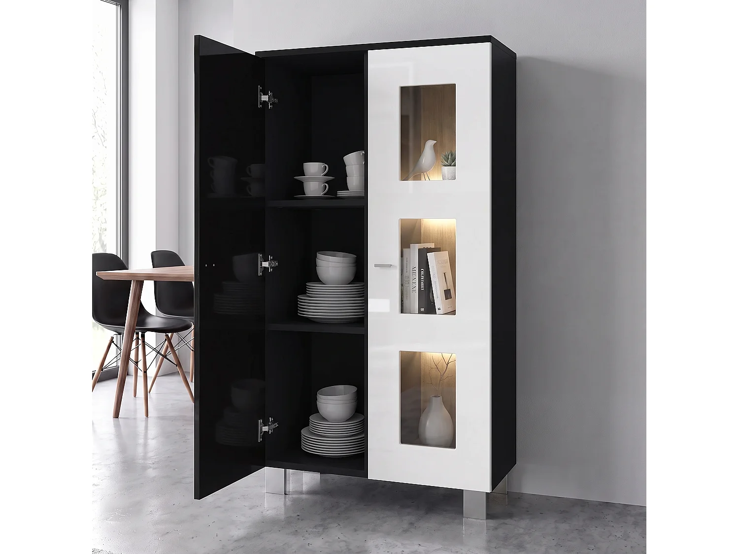 Vitrine de salon Denjo, Vitrine sur pied avec 2 portes et 3 vitres, Noir mat/Noir haute brillance/Bordeaux haute brillance (71 x 129 x 35 cm)