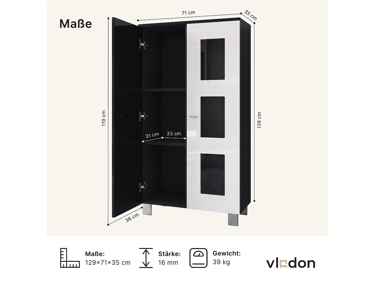 Vitrine de salon Denjo, Vitrine sur pied avec 2 portes et 3 vitres, Noir mat/Noir haute brillance/Bordeaux haute brillance (71 x 129 x 35 cm)