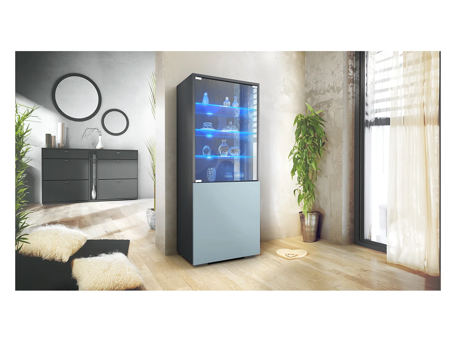 Vitrine Granada de , Armoire Vitrée Made in Germany avec Porte en Verre et Insert en Verre y compris LED, anthracite mat/denim mat (50 x 122,5 x 34,5 cm)