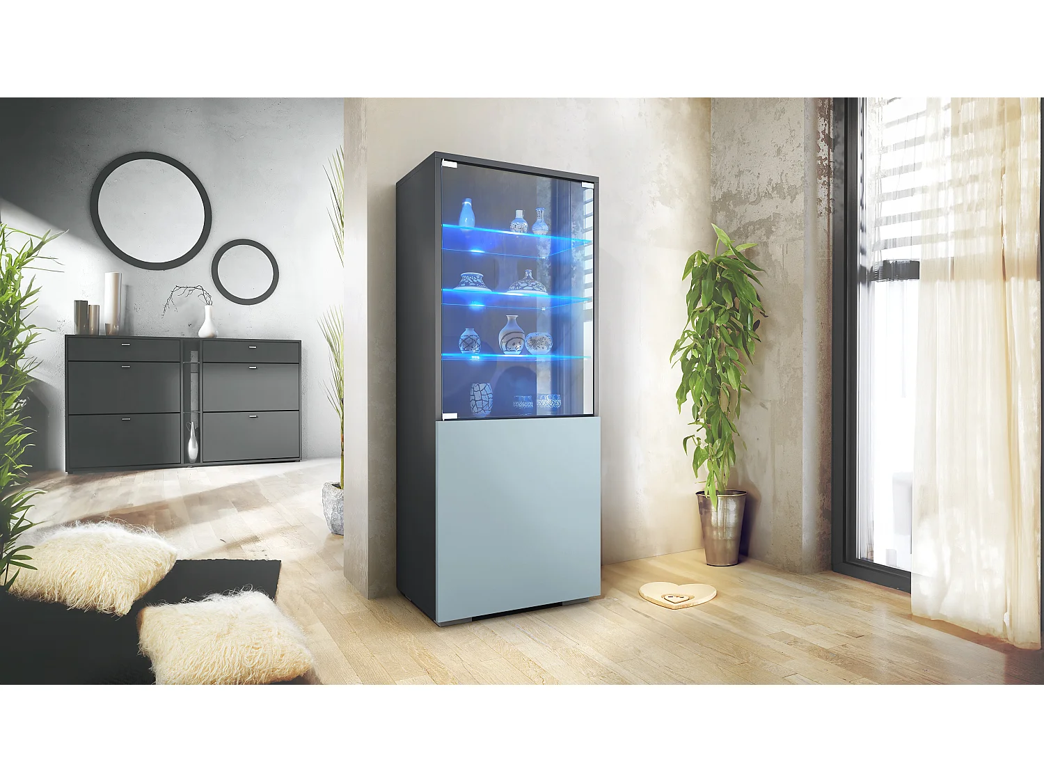 Vetrina Granada di Vladon, Armadio Vetrina Made in Germany con Porta in Vetro e Inserto in Vetro incl. LED, antracite opaco /denim opaco (50 x 122,5 x 34,5 cm)