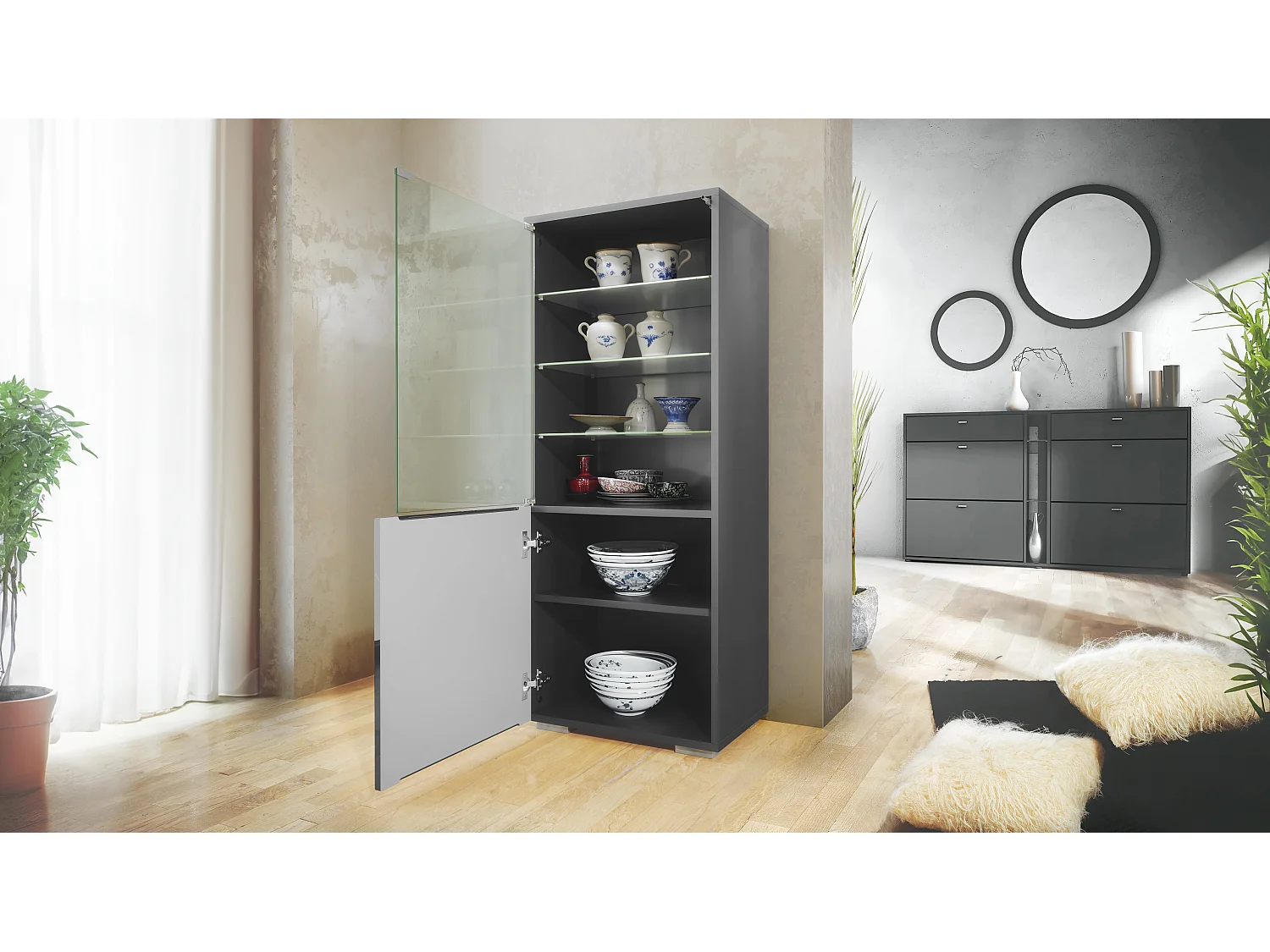 Vetrina Granada di Vladon, Armadio Vetrina Made in Germany con Porta in Vetro e Inserto in Vetro incl. LED, antracite opaco /denim opaco (50 x 122,5 x 34,5 cm)