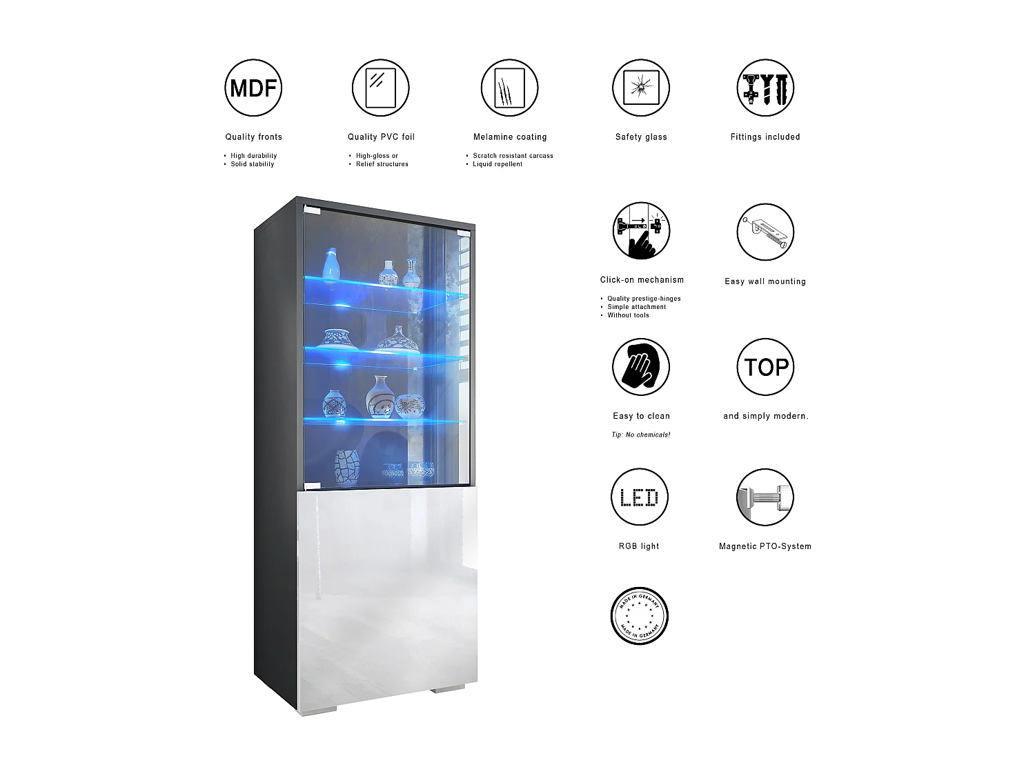 Vetrina Granada di Vladon, Armadio Vetrina Made in Germany con Porta in Vetro e Inserto in Vetro incl. LED, antracite opaco /denim opaco (50 x 122,5 x 34,5 cm)