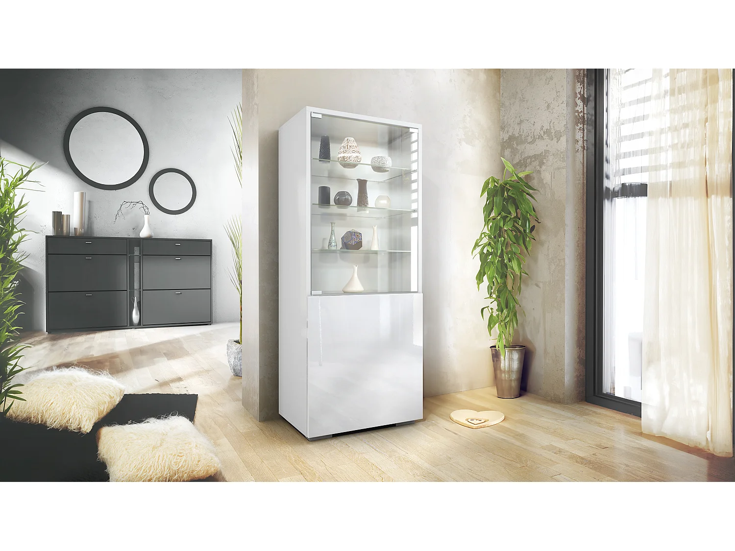 Vetrina Granada, Armadio Vetrina Made in Germany con Porta in Vetro e Inserto in Vetro, bianco opaco/bianco lucido (50 x 122,5 x 34,5 cm)